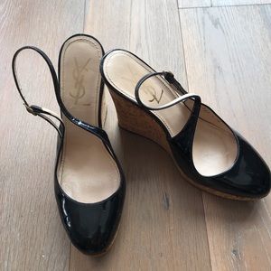 YSL - Patent Leather & Cork Slingback Wedges 38